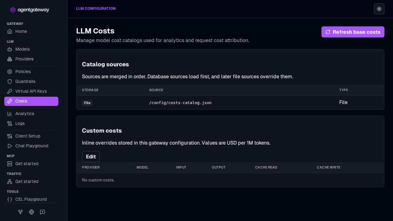 UI LLM Costs page showing catalog sources and custom cost overrides