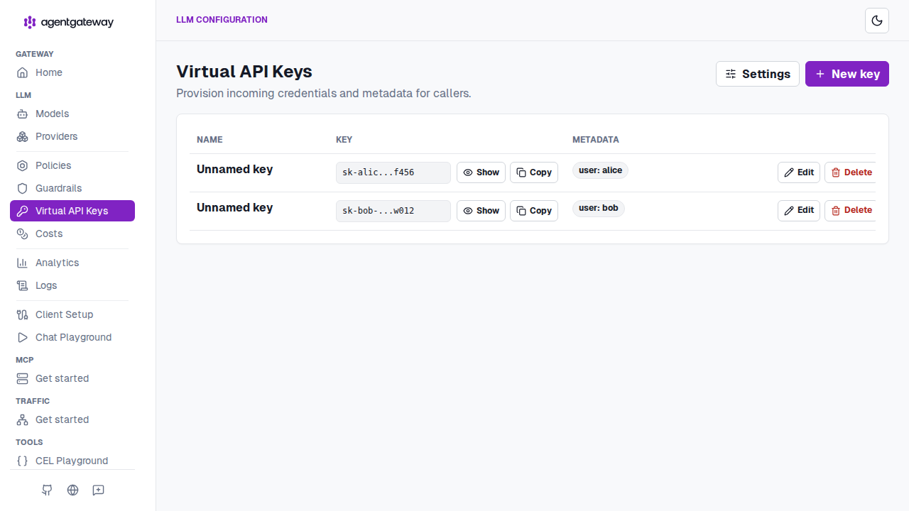 UI Virtual API Keys page listing configured keys and metadata